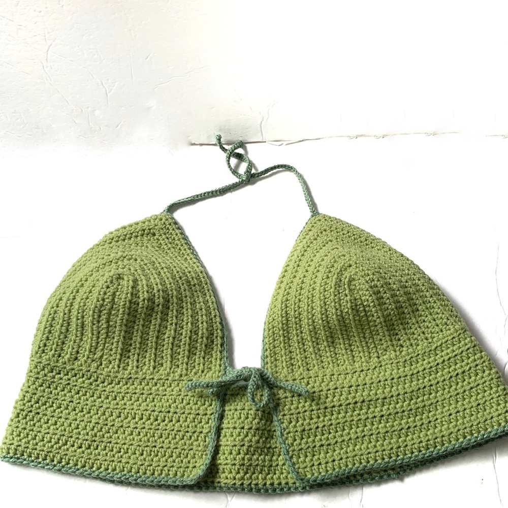 Green Crochet Cropped Tie Up Halter Top XL Handmade